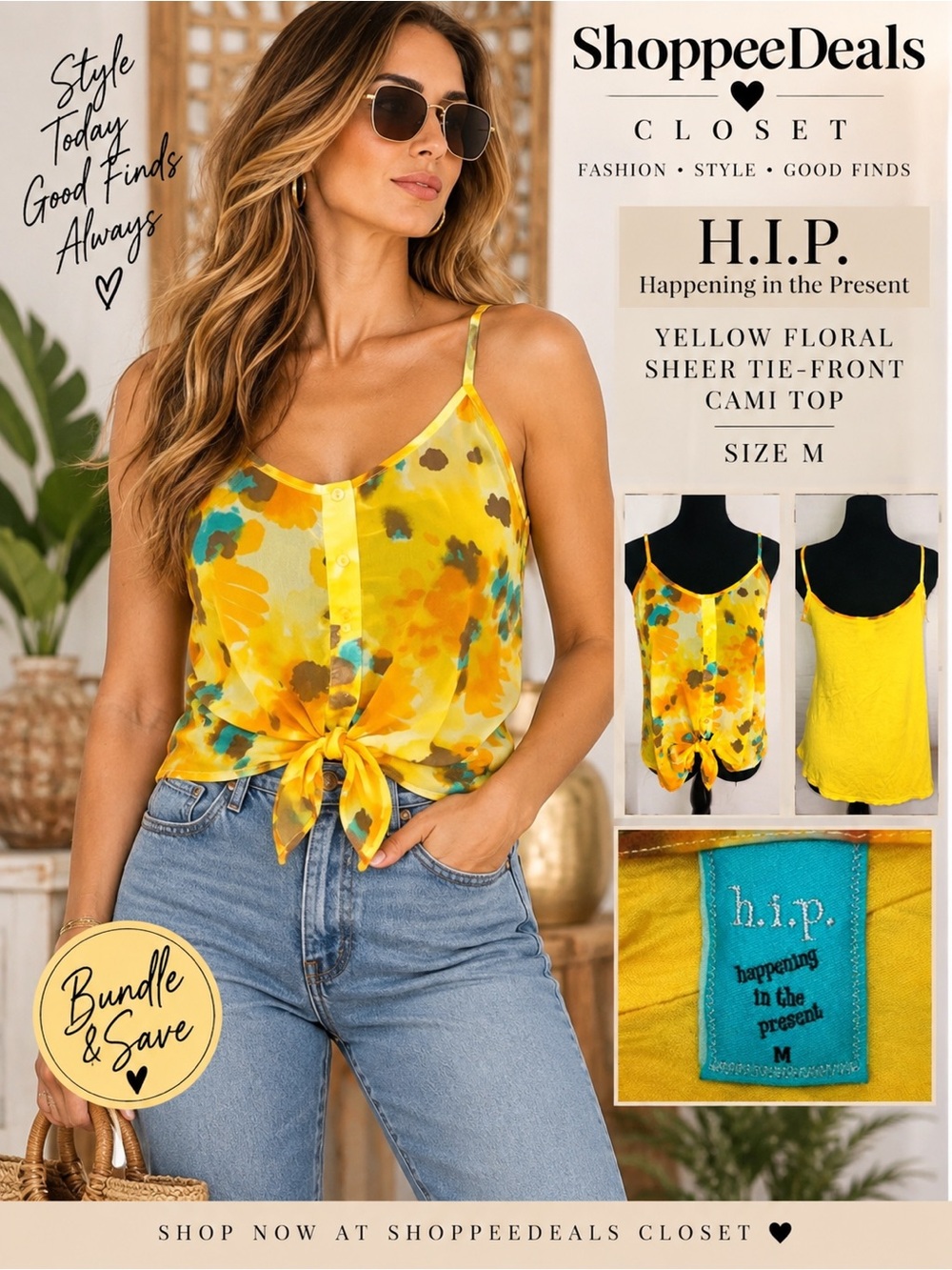 H.I.P. Happening in the Present Yellow Floral Sheer Tie-Front Cami Top M